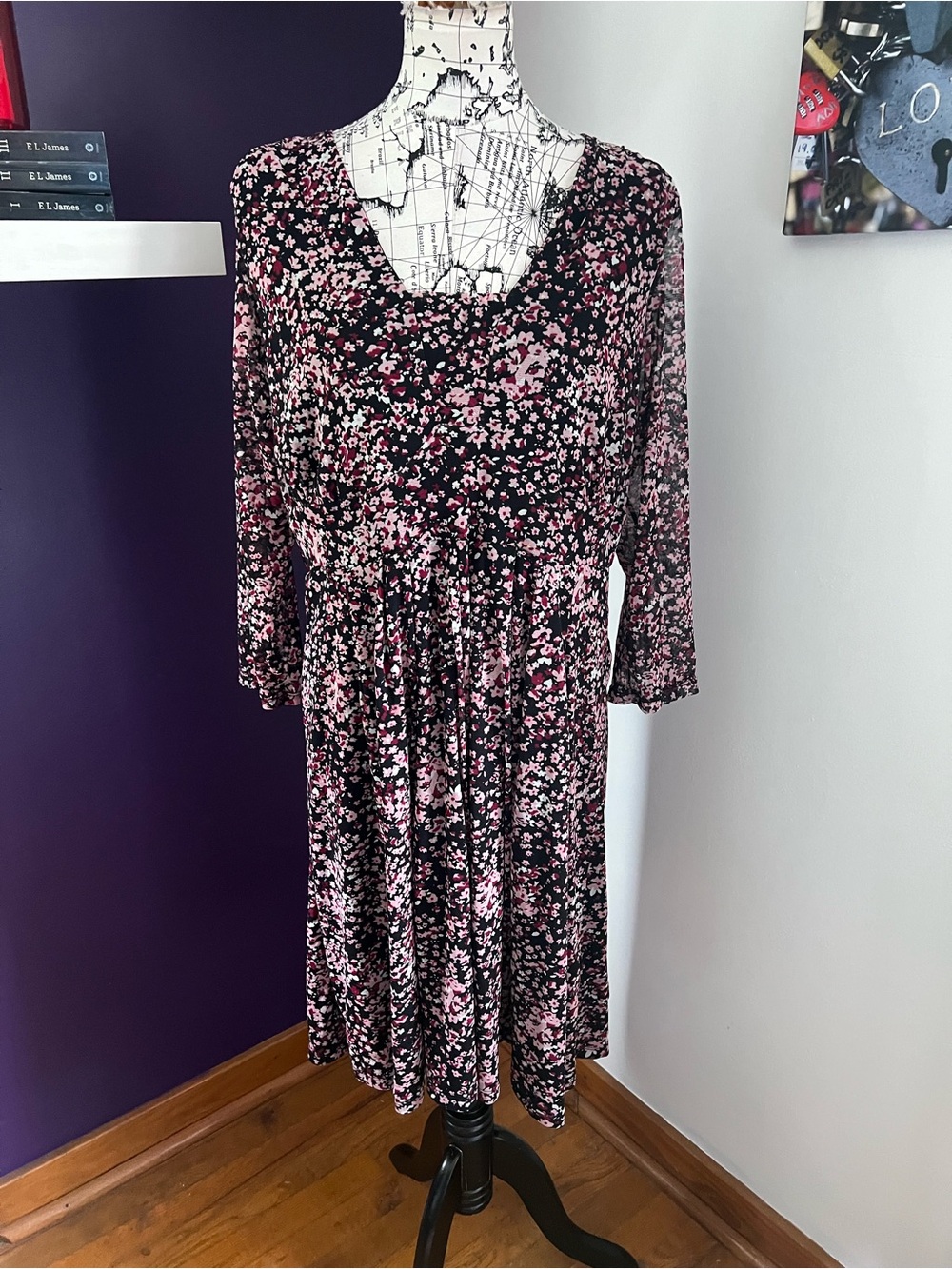 INC International Concepts Black Long Sleeve Midi Dress with Pink Floral Print